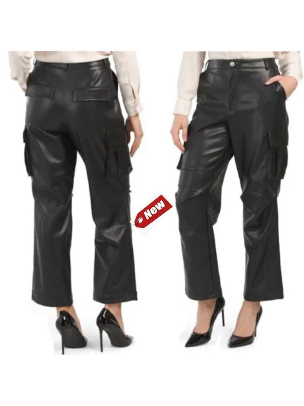 7 For All Mankind black faux leather pleather cargo pants drawstring ankle NWT